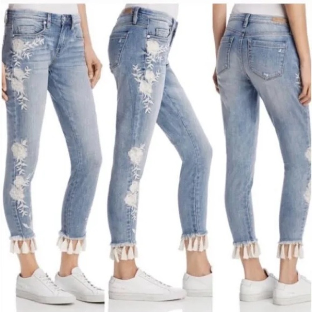 BlankNYC Crop Skinny Ankle Classique Floral Embroidered Tassel Hem Denim Jeans